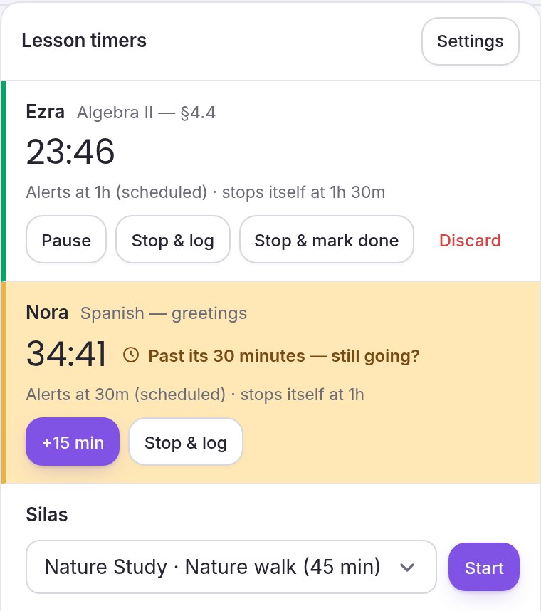 The lesson timer panel from the clock at the top of the page: two children timing lessons, one past its scheduled length, and a third ready to start